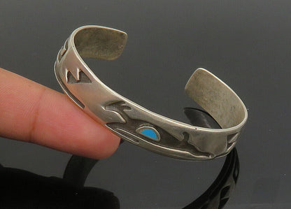 ZUNI NAVAJO 925 Silver - Vintage Turquoise Gazelle Motif Cuff Bracelet - BT8940