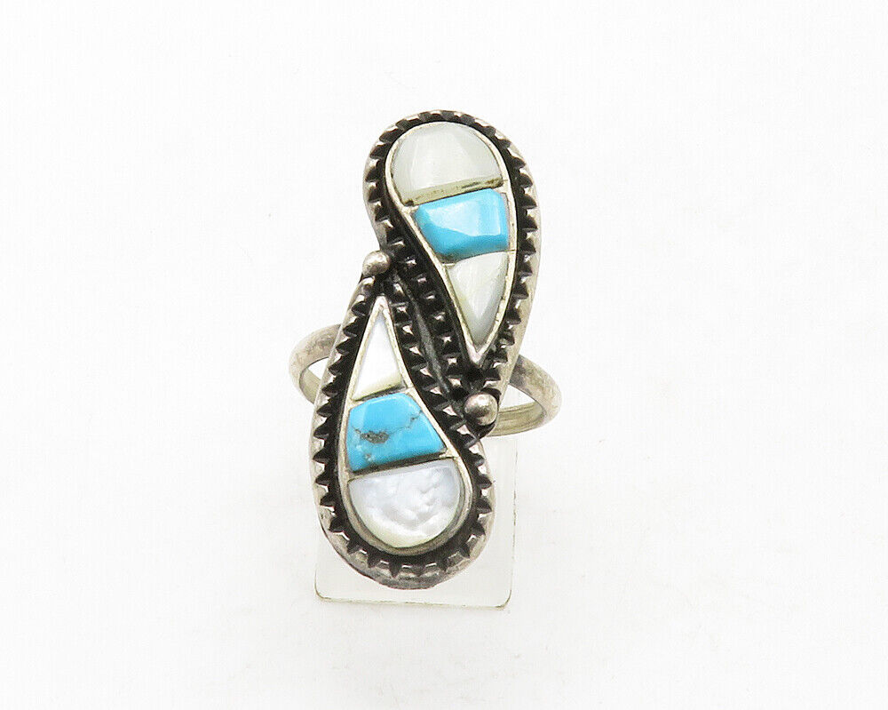 ZUNI 925 Silver - Vintage Mother Of Pearl & Blue Turquoise Ring Sz 9 - RG13131