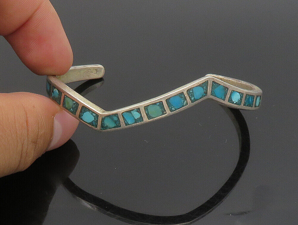 ZUNI NAVAJO 925 Silver - Vintage Inlaid Turquoise Pointed Cuff Bracelet - BT9468