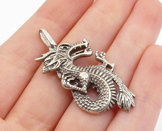 925 Sterling Silver - Vintage Dark Tone Etched Dragon Motif Pendant - PT5482