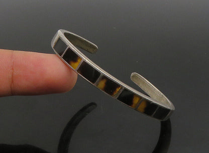 ZUNI NAVAJO 925 Silver - Vintage Inlaid Amber Rectangle Cuff Bracelet - BT9221