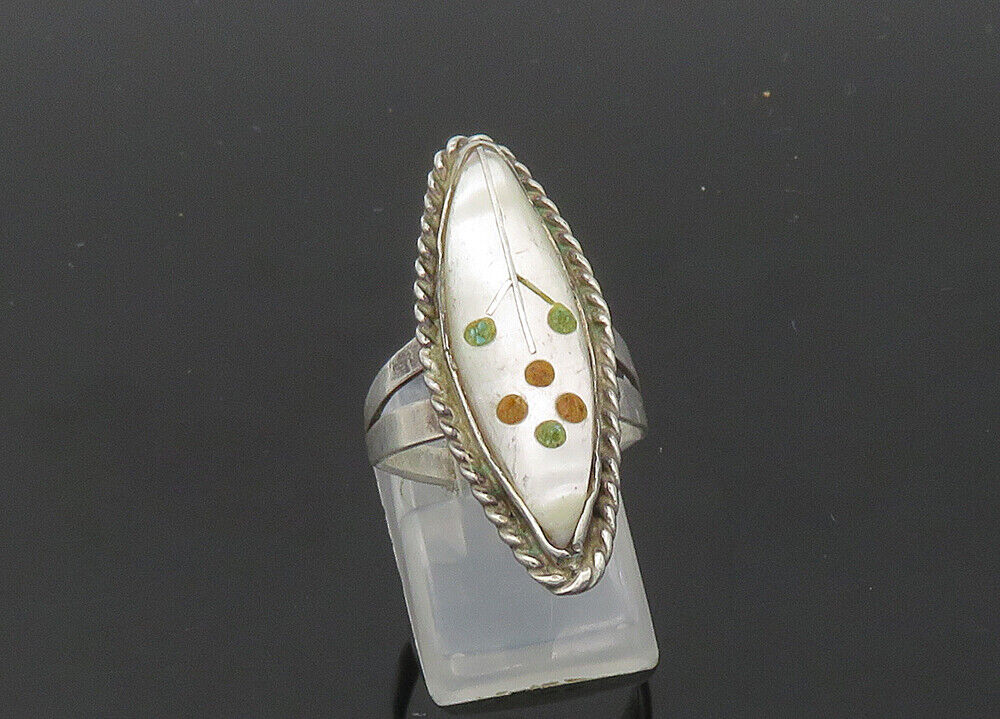 ZUNI 925 Silver - Vintage Mother Of Pearl Floral Cocktail Ring Sz 6.5 - RG20818