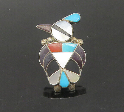 ZUNI NAVAJO 925 Silver - Vintage Turquoise & Multi-Stone Bird Lapel Pin - TR3075