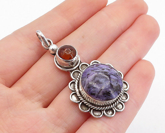 925 Sterling Silver - Vintage Charoite & Amber Floral Twist Pendant - PT3682