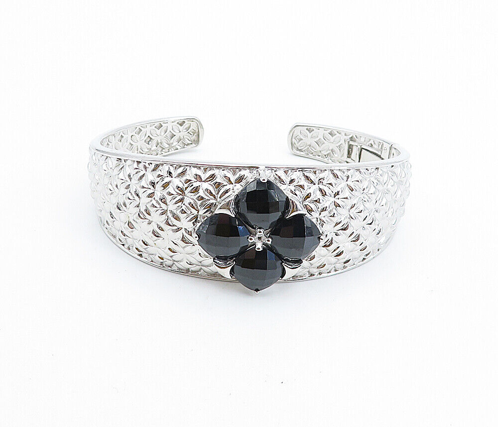 925 Sterling Silver - Black Hematite Flower Patterned Cuff Bracelet - BT2887