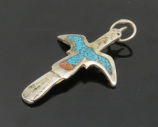 ZUNI NAVAJO 925 Silver - Vintage Turquoise & Coral Phoenix Pendant - PT15716