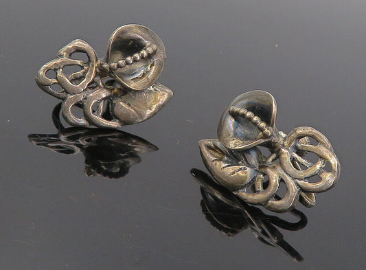 925 Sterling Silver - Vintage Dark Tone Floral Leaf Non Pierce Earrings - EG4048