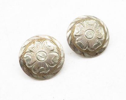 HOBBY HORSE 925 Silver - Vintage 2 Pcs Flower Etched Round Pins - TR1977