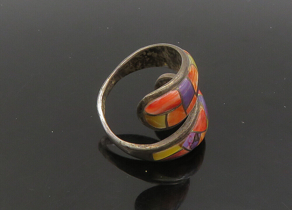 ZUNI NAVAJO 925 Silver - Vintage Mother Of Pearl Bypass Band Ring Sz 7 - RG22831