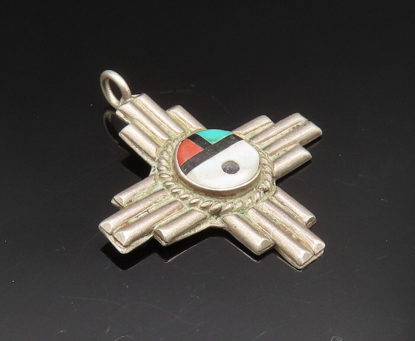 ZUNI NAVAJO 925 Silver - Vintage Fluted Cross Mother Of Pearl Pendant - PT20512