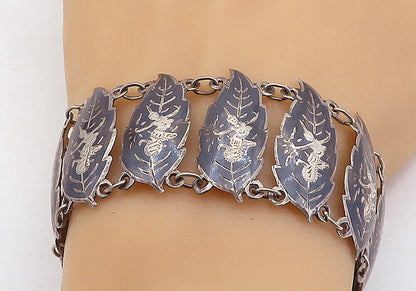 SIAM 925 Sterling Silver - Vintage Niello Dancer Floral Chain Bracelet - BT2183