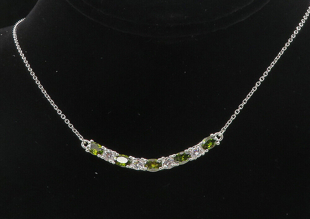 925 Sterling Silver - Sparkling Cubic Zirconia & Peridot Chain Necklace - NE1532