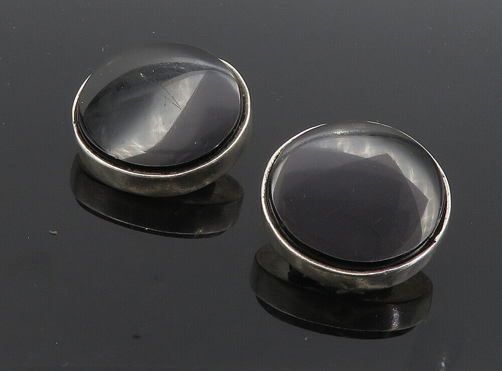 MEXICO 925 Silver - Vintage Black Onyx Non Pierce Button Drop Earrings - EG4589