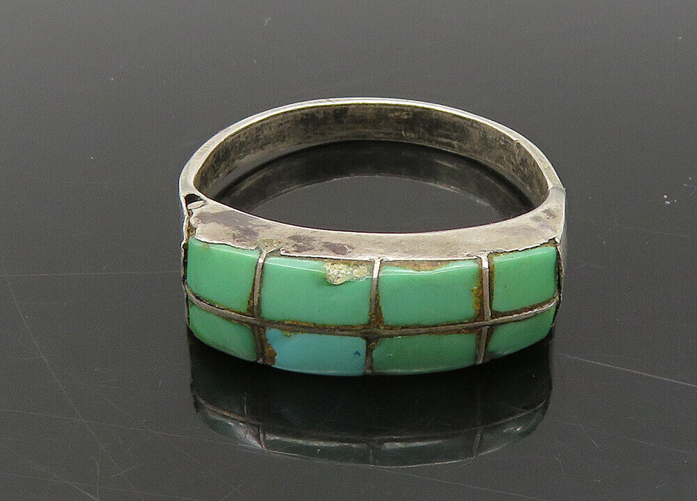 ZUNI NAVAJO 925 Silver - Vintage Inlaid Turquoise Dome Ring Sz 7 - RG23315