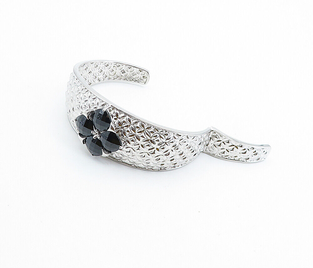 925 Sterling Silver - Black Hematite Flower Patterned Cuff Bracelet - BT2887