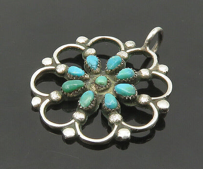 ZUNI NAVAJO 925 Sterling Silver - Vintage Turquoise Floral Pendant - PT17180