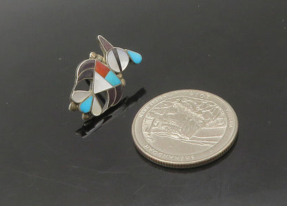 ZUNI NAVAJO 925 Silver - Vintage Turquoise & Multi-Stone Bird Lapel Pin - TR3075