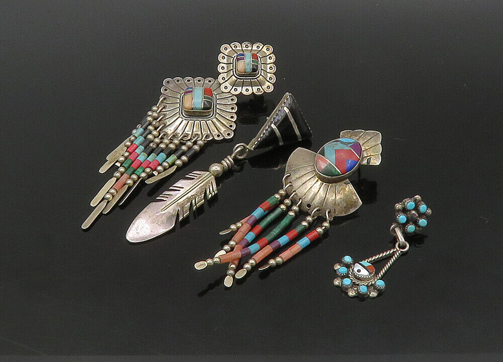 ZUNI NAVAJO 925 Silver - Vintage Multi-Stone Lot Single Earrings - EG11223