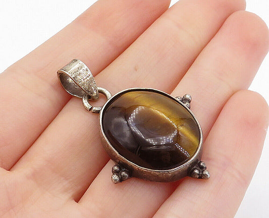 925 Sterling Silver - Vintage Cabochon Cut Tiger's Eye Drop Pendant - PT5312