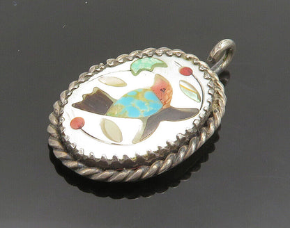 ZUNI NAVAJO 925 Silver - Vintage Mother Of Pearl Bird Scene Pendant - PT15862