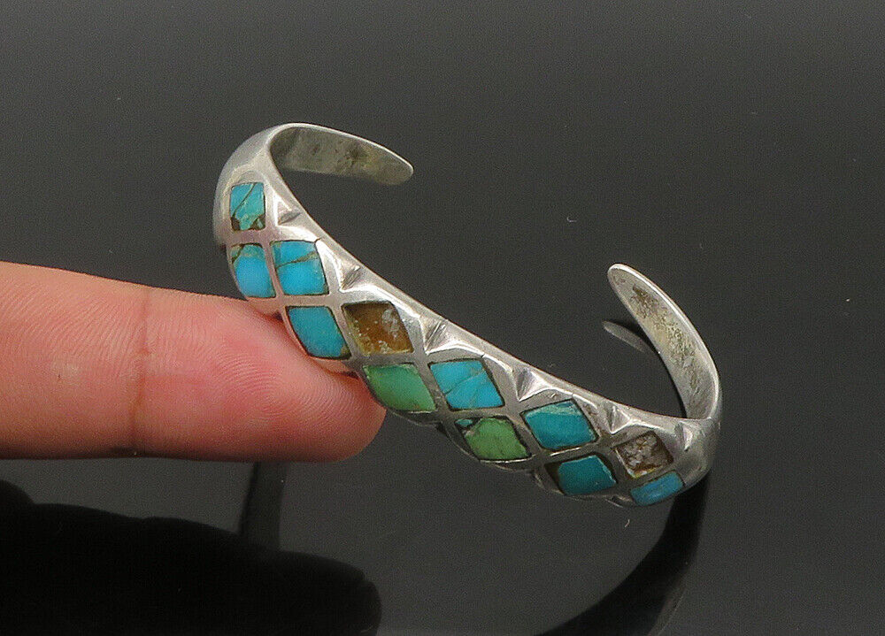 ZUNI NAVAJO 925 Sterling Silver - Vintage Turquoise Cuff Bracelet - BT8876