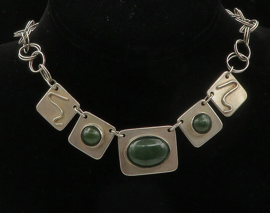 925 Sterling Silver - Vintage Cabochon Cut Green Jasper Chain Necklace - NE2149