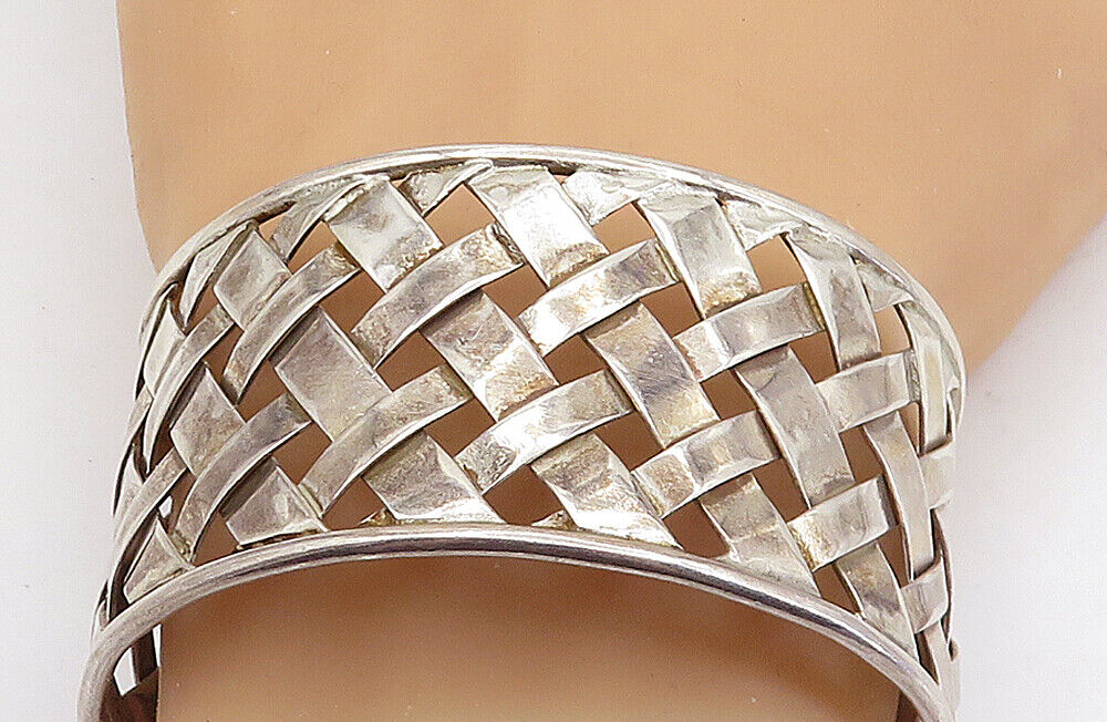 925 Sterling Silver - Vintage Basket Weave Design Wide Cuff Bracelet - BT2209