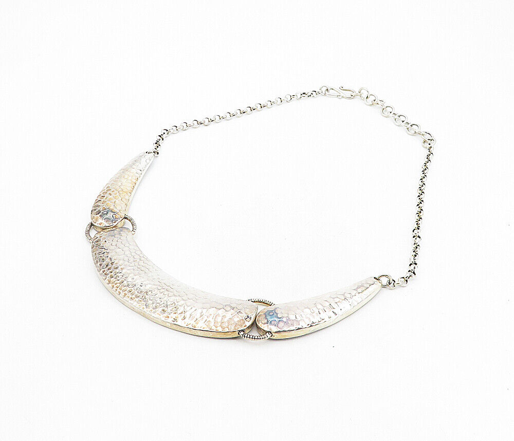 DOUG PAULUS 925 Silver - Vintage Shiny Hammered Detail Chain Necklace - NE1560