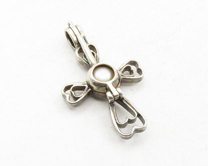 925 Sterling Silver - Vintage Pearl Love Heart Religious Cross Pendant - PT9900