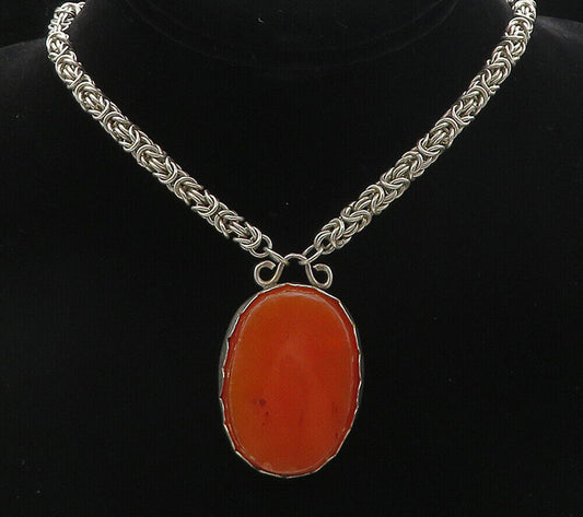 925 Sterling Silver - Vintage Carnelian Byzantine Link Chain Necklace - NE1461