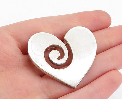 MEXICO 925 Sterling Silver - Vintage Shiny Spiral Love Heart Brooch Pin - BP2165