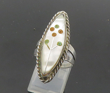 ZUNI 925 Silver - Vintage Mother Of Pearl Floral Cocktail Ring Sz 6.5 - RG20818