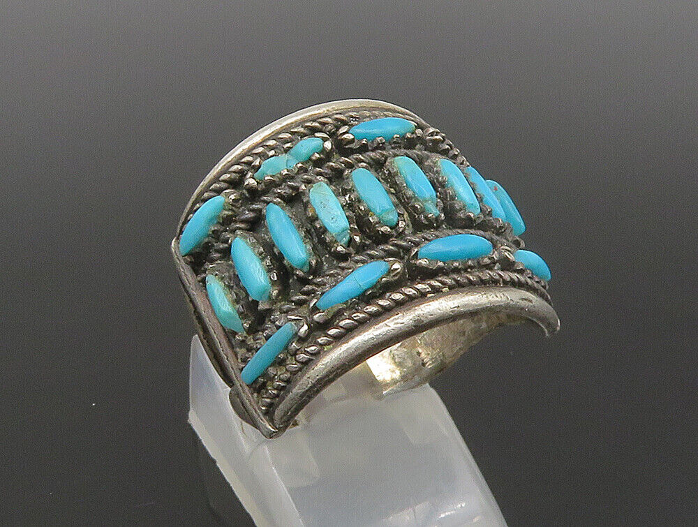 ZUNI NAVAJO 925 Silver - Vintage Needlepoint Turquoise Ring Sz 9.5 - RG24296