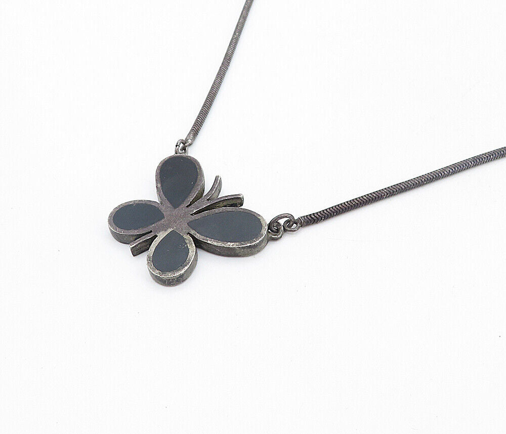 925 Silver - Vintage Inlaid Black Onyx Butterfly Oxidized Chain Necklace- NE1358