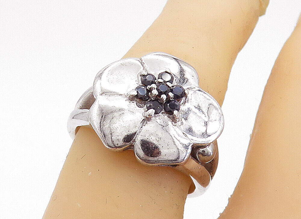 925 Sterling Silver - Black Hematite Shiny Floral Statement Ring Sz 6.5 - RG6573