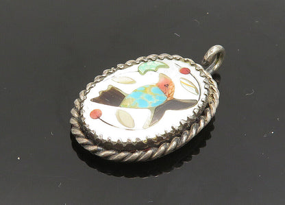 ZUNI NAVAJO 925 Silver - Vintage Mother Of Pearl Bird Scene Pendant - PT15862