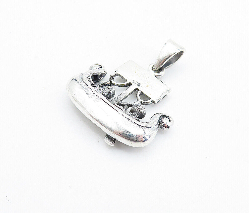 925 Sterling Silver - Vintage Two People Rowing Gondola Boat Pendant - PT5433