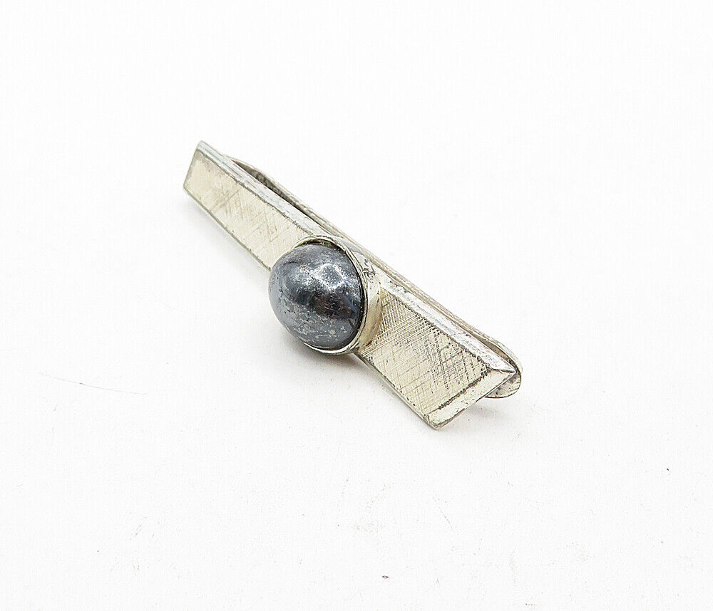 925 Sterling Silver - Vintage Cabochon Cut Hematite Etched Tie Clip - TR1142