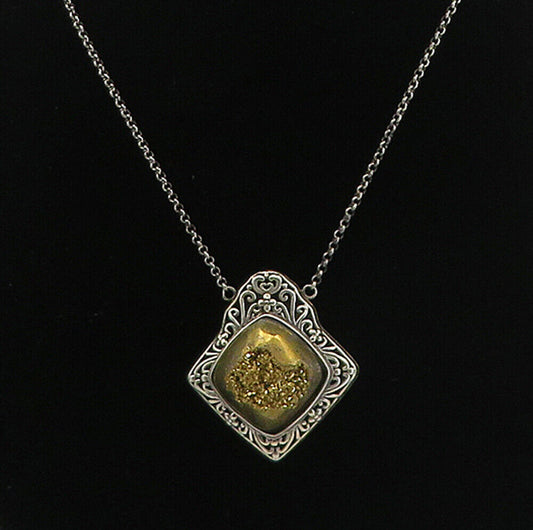 BERIA 925 Silver - Vintage Gold Druzy Stone Floral Swirl Chain Necklace - NE1325