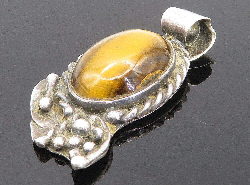 STANLEY DAVIDSON 925 Silver - Vintage Tiger's Eye Twist Drop Pendant - PT6229