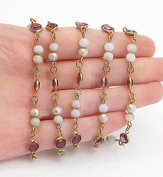 925 Silver - Vintage Freshwater Pearls & Amethyst Beaded Chain Necklace - NE1018