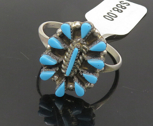 ZUNI 925 Silver - Vintage Turquoise Floral Motif Band Ring Sz 9 - RG17849