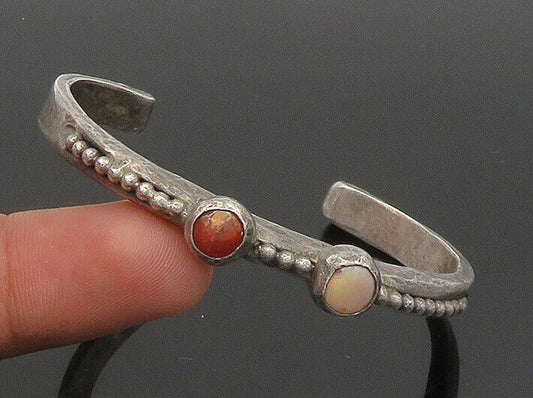 ZUNI NAVAJO 925 Silver - Vintage Coral & Fire Opal Petite Cuff Bracelet - BT8624