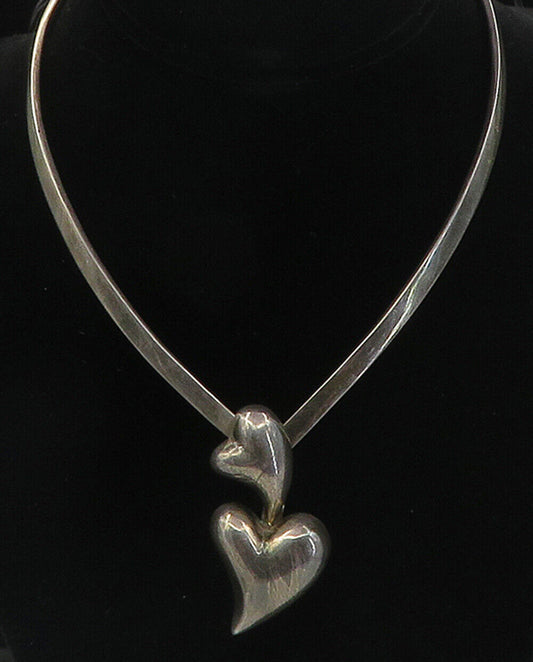 LOS BALLESTEROS 925 Silver - Vintage Oxidized Love Heart Collar Necklace- NE1630