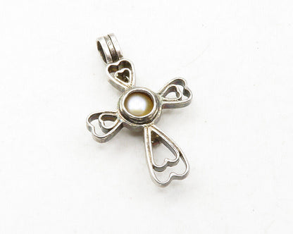 925 Sterling Silver - Vintage Pearl Love Heart Religious Cross Pendant - PT9900