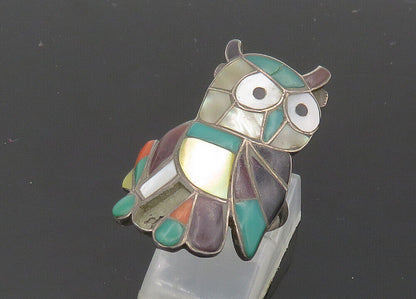 ZUNI NAVAJO 925 Silver - Vintage Malachite & Multi-Stone Owl Ring Sz 7 - RG20666