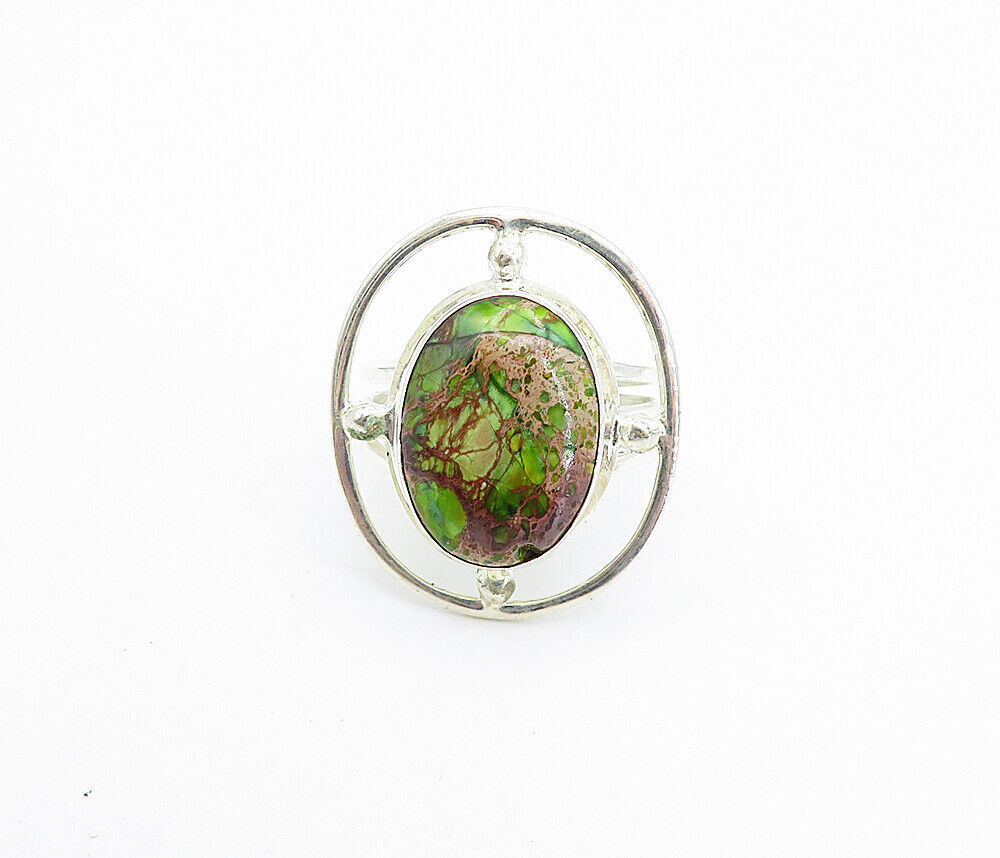 925 Sterling Silver - Green & Purple Jasper Shiny Cocktail Ring Sz 7.5 - RG8036