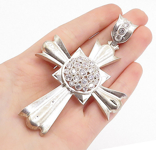 1 OF A KIND 925 Silver - Vintage Cubic Zirconia Religious Cross Pendant - PT4499