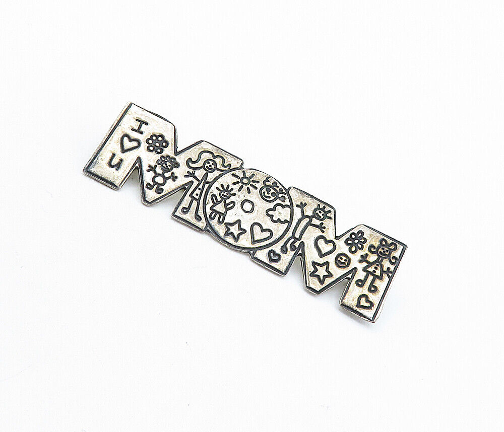 MEXICO 925 Sterling Silver - Vintage I Love Mom Etched Detail Brooch Pin- BP2377