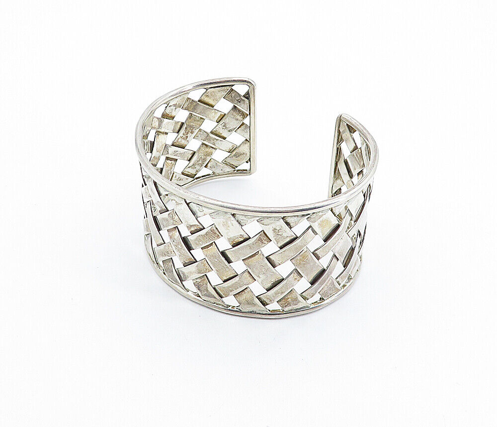 925 Sterling Silver - Vintage Basket Weave Design Wide Cuff Bracelet - BT2209